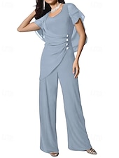 abordables Combinaisons pour maman-Combinaison cape / tailleur-pantalon robe mère de la mariée élégante simple minimaliste col rond longueur au sol mousseline manches courtes avec boutons en cristal 2025