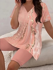 abordables Ensembles courts pour femmes-Femmes Mode T-shirt Ensembles de Shorts Manche Courte Col en V Fleuri Graphique Géométrique Imprimé Décontracté Quotidien Noir Bleu Roi Bleu Été Coupe régulière