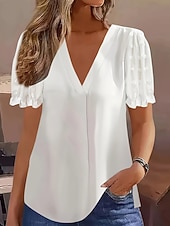 Women's T Shirt Solid Color Casual Short Sleeve V Neck Regular Tops Daily Black White Summer4