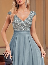 economico BLU-Abiti per Quinceanera A-Line elegante abito formale per matrimonio lunghezza del pavimento senza maniche scollo a V tulle con schiena a V e paillettes