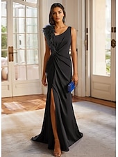 baratos AZUL-Vestido de noite elegante, verde e azul, coluna, formal, para convidados de casamento, longo, sem mangas, gola redonda, crepe elástico destacável, com penas e franzido, 2025