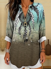 preiswerte Damen Boho Tops-Damenbluse Langarm Tunika Tops Graphic Bohemia Vintage Tropical V-Ausschnitt Reguläre Tops Tägliche Urlaub Strandbekleidung Druck Blau Lila Braun Grün Sommer Frühling