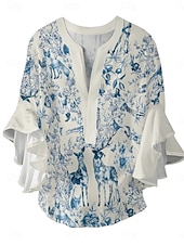 abordables Animaux Tops-Femmes Chemisier Fleuri Élégant Moderne Manche 3/4 Col en V Hauts Réguliers Quotidien Fête A Volants Imprimé Rose Claire Bleu Vert Abricot Été