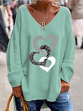 billige Kunst &amp; Design t-skjorte-Dame Bluse Hjerte Stilfull Fritid Langermet V-hals Vanlige topper Daglig Trykt mønster Svart Hvit Rosa Oransje Grønn Sommer Vår Høst