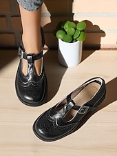abordables Retro de los años 50-Zapatos Mary Jane negros con tiras en T para mujer inspirados en los años 50: tacones de cuero brogue vintage con hebilla y suela gruesa para uso diario y cosplay. &amp;trajes góticos