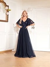 ieftine albastru-Rochii A-Line pentru Quinceanera Tip Sirenă/Trumpetă Rochie Elegantă Formală pentru Nuntă Lungime până la podea Mâneci scurte Cu decolteu în V Tulle cu pliuri
