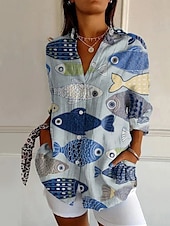 voordelige Vrouwen&#039;s Kunst &amp; Design Tops-Dames Overhemd Bloemig Grafisch Actief Dagelijks Stijlvol Lange mouw Overhemdkraag Normale tops Dagelijks Feestdagen Knop Afdrukken Wit Rood Marineblauw blauw Khaki Lente Herfst