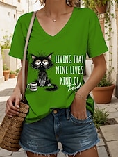 economico Maglietta di Umorismo &amp; Citazioni-Per donna Maglietta Grafico Animale Gatto Vintage Elegante Classico Manica Corta Scollo a V Top Regolari Quotidiano Stampato Nero Bianco Rosa Rosso Blu Estate Primavera