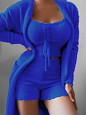 ieftine Bluze și pantaloni de pijama pentru femei-Pentru femei Set pijama 3 Piese Casual Confortabili Culoare pură Talie elastică pufos Tricou Pantaloni Scurți Casă Zilnic Manșon Lung Stil Nautic Negru Alb Roz Îmbujorat Albastru piscină Trifoi