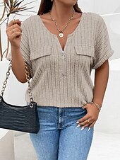 levne Trička nadměrná velikost-Dámské Plus velikost Topy Tričko Pevná barva Zip Kapsy Krátký rukáv Do V Módní Šik ven Na běžné nošení Denní Víkend Polyester Léto Podzim Světlá růžová Fialová