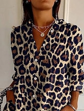 cheap Sexy Tops-Women&#039;s Shirt Leopard Striped Active Daily Stylish Long Sleeve Shirt Collar Regular Tops Daily Holiday Buttons Print White Brown Spring Fall