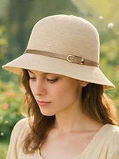 voordelige Dameshoeden-Opvouwbare polyester zonnehoed met brede rand voor dames met gespdetail - opvouwbare zomerstrandhoed voor reizen, tuinieren en buitenactiviteiten