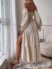 preiswerte Frauen schwarzes Kleid-Damen Langes Kleid Maxikleid Schößchen Kleider Mode Modern Outdoor Urlaub Ferien Normale Passform Einfach Dreiviertelarm Schulterfrei Schwarz Rote Beige Sommer