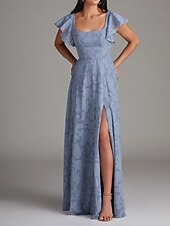 billiga Brudtärneklänningar-A-linje Bridesmaid Klänning Scoophals Ärmlös Elegant Golvlängd Chiffon med Volanger  Delad Framsida