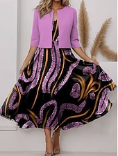 preiswerte Kunst &amp; Design Kleid-Damen Kleid-Set A Linie Kleid Sommerkleid Party Halbformelle Kleider Grafik Gestreift Druck Midikleid Halbarm V Ausschnitt Hochzeitsgast Täglich Rosa Purpur Orange Sommer Frühling Normale Passform