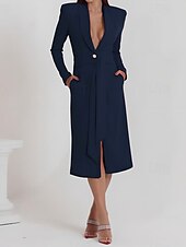 abordables Longueur du thé-Robe trapèze pour mère de la mariée, robe smoking, élégante, portefeuille, simple, minimaliste, col en V, revers châle, longueur midi, longueur thé, crêpe, tissu extensible, manches longues, couleur