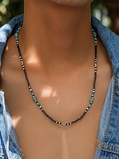 abordables Bijoux pour hommes-Collier de perles noires et turquoise pour homme – Bijoux de style surfeur bohème faits à la main pour les tenues de plage d&#039;été, les festivals et les vêtements décontractés