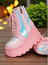 baratos Festa da Vida Noturna-Botas de combate femininas plataforma rosa, botas de cano curto holográficas com cadarço e salto grosso com zíper lateral, estilo de rua ousado para vida noturna e roupas de festa