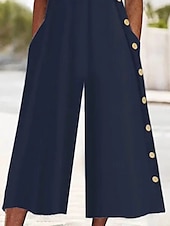 voordelige losse jumpsuits-Dames Normaal Jumpsuit Actief Effen Kleur Halve mouw Breed Been V-hals Knop Zak Vakantie Dagelijks Normale pasvorm Marineblauw Zomer