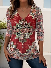 billige Boho t-skjorte-Dame T skjorte Grafisk Planter Årgang Elegant Bohem Årgang Langermet V-hals Vanlige topper Daglig Ut på byen Helg Trykt mønster Svart Hvit Rosa Dusty Rose Rød Vår Høst
