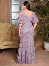 preiswerte lila-Meerjungfrau  Trompeten Abendkleid elegantes Kleid formelle Hochzeit bodenlang kurzer Ärmel V-Ausschnitt Spitze mit Stickerei