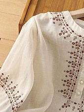 billige Skjorter-Dame Skjorter i bomullslin Helfarge Grunnleggende Fritid 3/4 ermer Crew-hals Vanlige topper Daglig Broderi Knapper Rosa Blå Aprikos Sommer