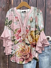 ieftine Topuri florale-Pentru femei Bluză Floral Grafic Elegant Boemia Έθνικ Lungime Manșon 3/4 În V Topuri obișnuite Zilnic Concediu Îmbrăcăminte de vacanță Bufantă Imprimeu Roz Îmbujorat Roșu-aprins Albastru piscin
