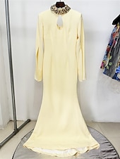 cheap YELLOW-Mermaid / Trumpet Party Dresses Elegant Dress Formal Wedding Floor Length Long Sleeve Crew Neck Satin with Embroidery