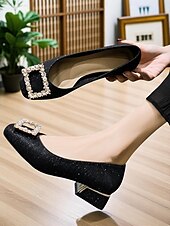 Недорогие Block Heels-женские бежевые туфли на плоской подошве с квадратным носком и жемчужной пряжкой, туфли из искусственной ткани на низком каблуке для элегантных повседневных образов и ежедневных свиданий