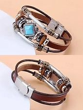 preiswerte Herrenschmuck-Türkisfarbenes Lederarmband für Herren mit Totenkopf und Metallakzenten, Bohème-Western-Stil, perfekt für die Freizeit und den Alltag