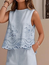 Χαμηλού Κόστους Βασικά Ψεύτικα Σετ Συντονισμού-Γυναικεία Σετ παντελονιών Λινό από ψεύτικο βαμβάκι Αμάνικο Στρογγυλή Ψηλή Λαιμόκοψη Φλοράλ Στάμπα Ενεργό Μοντέρνα Καθημερινά Διακοπές Αργίες Ανθισμένο Ροζ Θαλασσί Καλοκαίρι Κανονικό