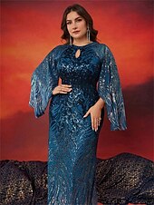 abordables BLEU-Robe Sirène  Trompette Grande Taille Élégante Robe Courbée Formelle Mariage Longue Traîne Manches Longues Col Arrondi en Polyester avec Fente 2025