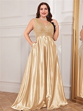 cheap BLACK-A-Line Plus Size Dresses Elegant Curve Dress Formal Wedding Floor Length Sleeveless V Neck Satin V Back with Pleats