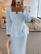 preiswerte Mamas Kleidersets-Zweiteiliges Fisch  Trompete Mutter der Braut Kleid Elegantes Peplum Kleid Set Einfach Minimalistisch Quadrat-Ausschnitt Tee Länge Krepp Stretchstoff Lange Ärmel mit einfarbig