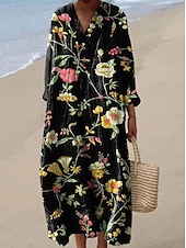 preiswerte Blumenkleider-Damen Maxikleid Sommerkleid A Linie Kleid Urlaub Lässig Boho Party Ausgehen Strand Blumen Grafik Langarm V Ausschnitt Schwarz Rosa Rote Grün Sommer Frühling