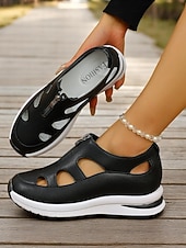 abordables Sandalias Deportivas-Sandalias deportivas blancas para mujer con diseño recortado, zapatos ligeros con cremallera para caminatas cómodas, viajes activos y recados diarios.