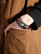 preiswerte Herrenschmuck-Türkisfarbenes Lederarmband für Herren mit Totenkopf und Metallakzenten, Bohème-Western-Stil, perfekt für die Freizeit und den Alltag