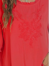 preiswerte Damen Einfache Oberteile-Damen Hemd Einfarbig Blumen Lässig Boho Dreiviertelarm Ellbogenärmel Rundhalsausschnitt Normale Oberteile Täglich Ausgehen Rüsche Bestickt Schwarz Weiß Rote Khaki Sommer