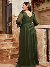 preiswerte GRÜN-A-Linie Abendkleid Elegantes Kleid Formelles Hochzeitsbodenlänges Lange Ärmel V-Ausschnitt Chiffon V-Rücken mit Falten
