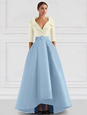 cheap BLUE-Blue Red A-Line Satin Formal Evening Gown Elegant Fall Wedding Guest Dress Tuxedo Dress Asymmetrical 3/4 Length Sleeve Shirt Collar with Pocket
