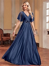 preiswerte BLAU-A-Linie Quinceanera Kleider Elegantes Kleid Formelle Hochzeit Bodenlang Kurzarm V-Ausschnitt Chiffon mit Falten