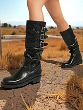 olcso Slouch Boots-Női barna műbőr térdig érő csizma tripla csatos pántokkal – western lovagló stílus őszi szettekhez, farmi napokra és szabadtéri viseletre
