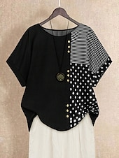 billige Kvinne Striper &amp; Geometriske Topper-Dame Bluse Grafisk Polkadotter Stripet Grunnleggende Kortermet Crew-hals Vanlige topper Ferie Knapper Trykt mønster Svart Navyblå Grønn Sommer Vår