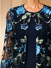 Недорогие Нарядные блузки-Жен. Блейзер Дышащий Кружева Вышивка Элегантный стиль Цветочный принт Официальные Обычная "Круглый вырез ""под горло""" Свободное облегание Длинный рукав Верхняя одежда Темно синий Лето Весна