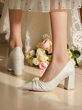 お買い得  フォーマル-女性用アイボリーサテンブロックヒールウェディングパンプス、エレガントなセレモニーのためのポインテッドトゥパール装飾フォーマルブライダルシューズ