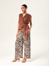cheap Pants-Elastic Waist Animal Print Wide-Leg Pants