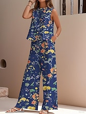 abordables Ensembles-Ensemble deux pièces élégant pour femme, mode streetwear, chemisier, gilet, pantalon, sans manches, col ras du cou, extérieur, travail, décontracté, imprimé floral, vacances, quotidien, vacances, blanc, bleu marine, bleu, été, coupe régulière