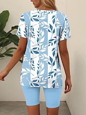 abordables Ensembles courts pour femmes-Femmes Mode T-shirt Ensembles de Shorts Manche Courte Col en V Fleuri Graphique Imprimé Décontracté Quotidien Bleu Violet Vert Été Coupe régulière