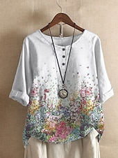 economico Top a Righe e Geometrici per Donne-Per donna Camicie di cotone e lino Floreale A righe Essenziale Casual Mezza Manica Girocollo Top Regolari Quotidiano Stampato Nero Bianco Blu Azzurro cielo Verde Estate