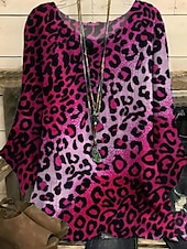 voordelige Sexy topjes voor dames-Dames Overhemd Luipaard Stijlvol 3/4 mouw Strakke ronde hals Normale tops Dagelijks Feestdagen Afdrukken Paars Fuchsia Bruin Zomer
